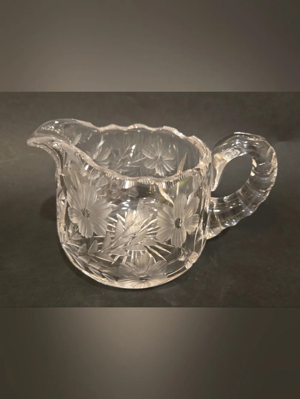 Etched Crystal Creamer Pitcher with Floral Cut Design
